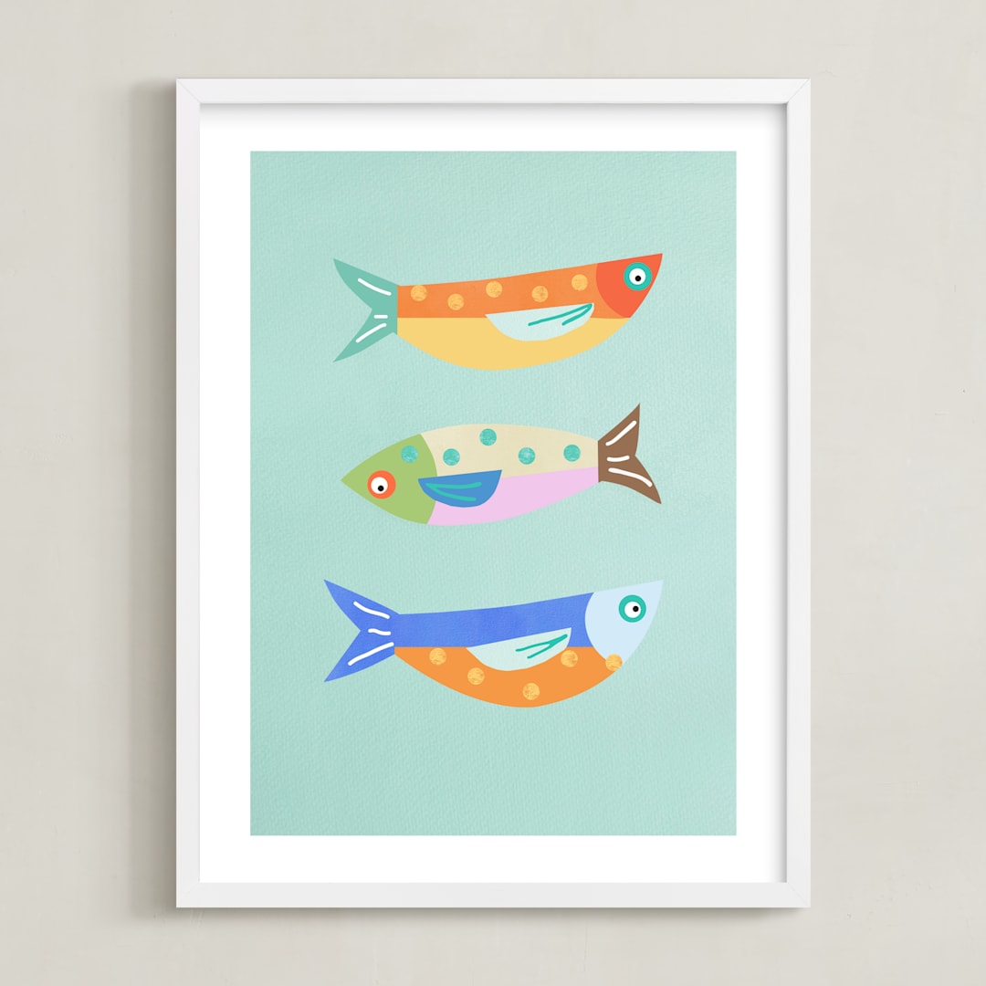 "Fun Sardines!" - Art Print in Blue by AlisonJerry - Framed
