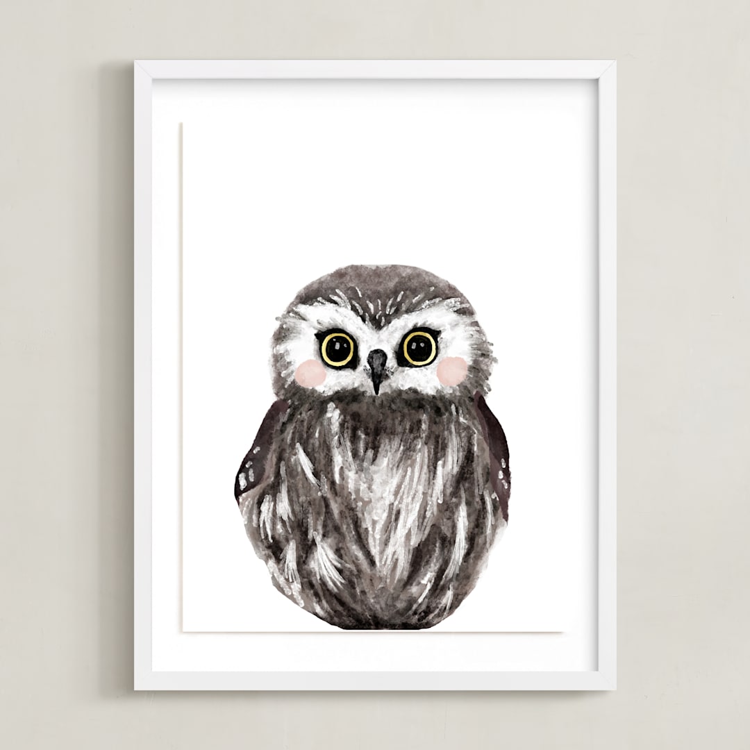 "Baby Animal Owl" - Art Print in Dark Wood by Cass Loh - Framed