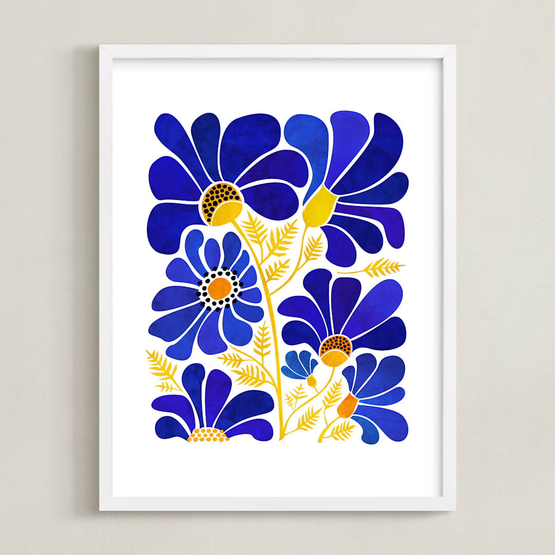 "The Happiest Flowers" - Art Print in Cobalt Blue by Kristian Gallagher - Framed