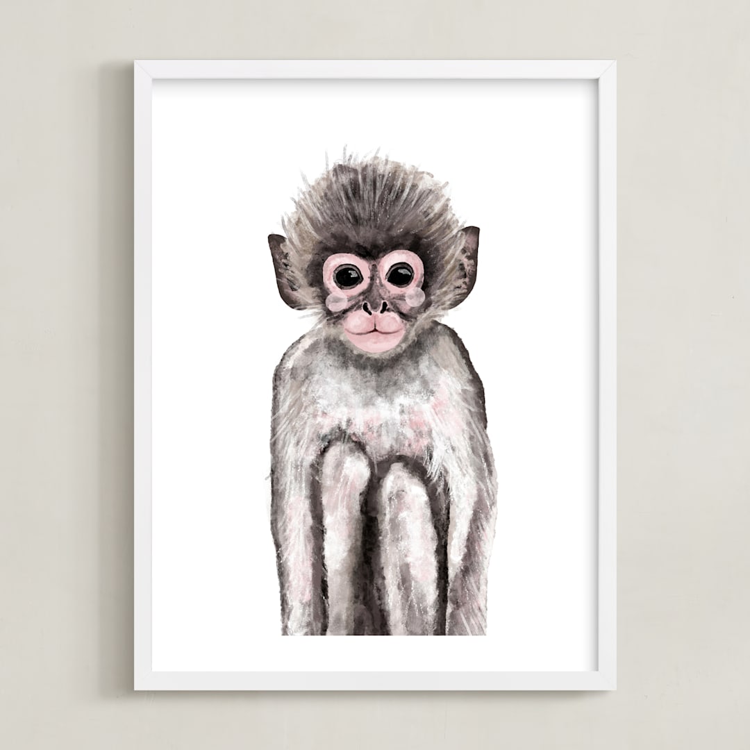 "Baby Animal Monkey" - Art Print in wood smoke by Cass Loh - Framed