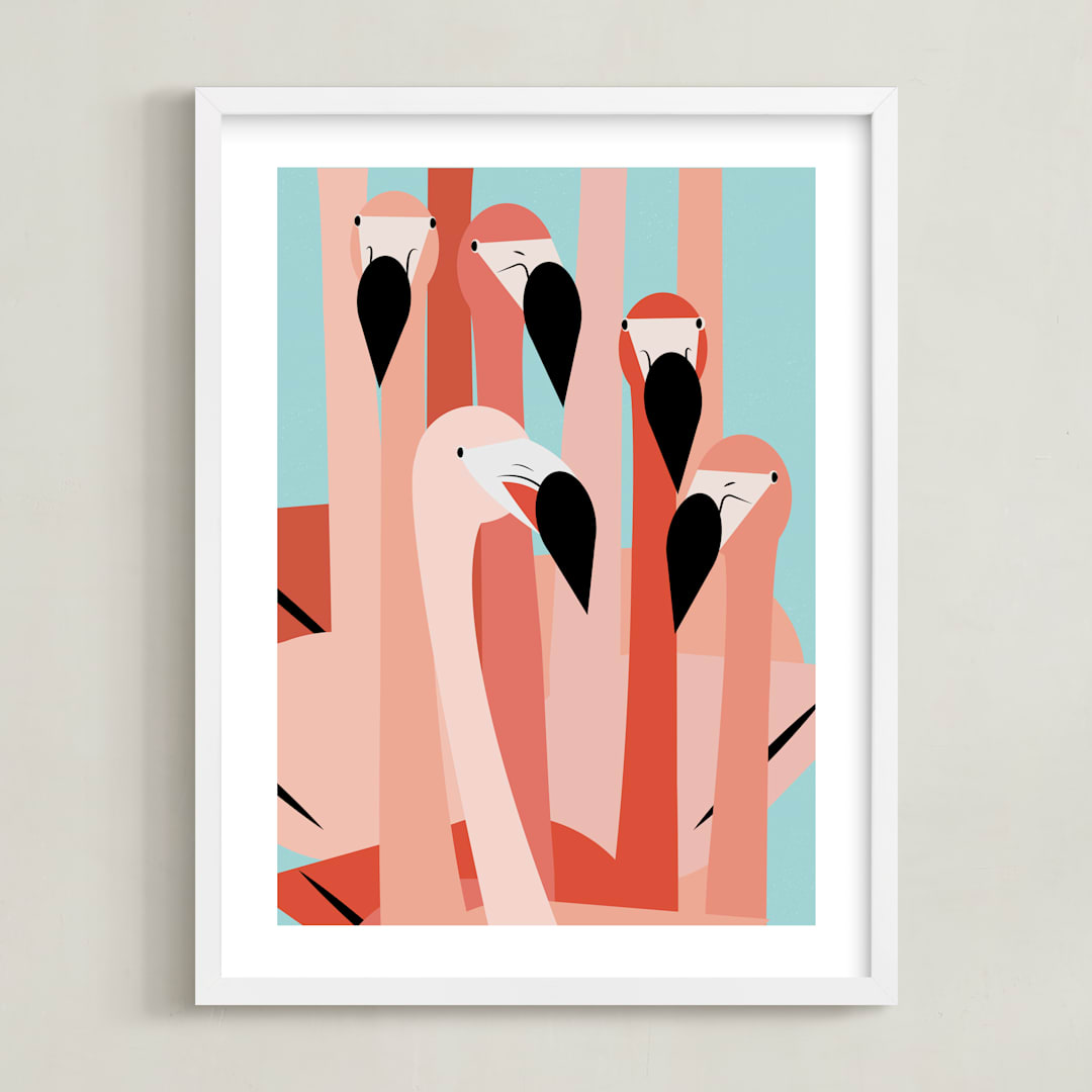 "The Flamingos Are Staring" - Art Print in Coral Pink by Marie Hermansson - Framed