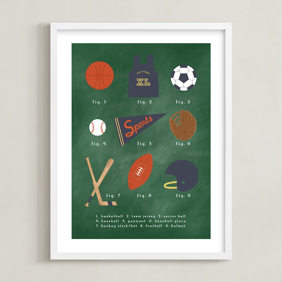 "SPORTS PRIMER" - Art Print in Chalkboard Green by Susan Brown - Framed