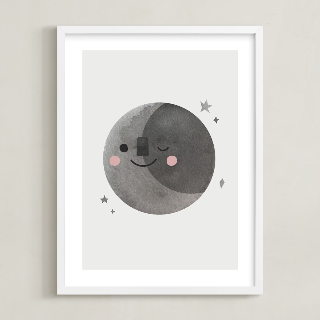 "A Happy Moon" - Art Print in Grey by Mollie Bohannon - Framed
