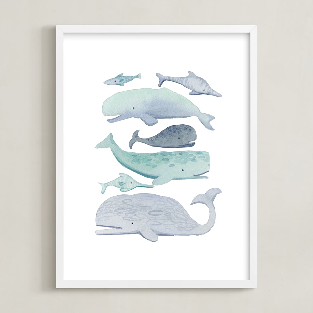 "Blue Whales" - Art Print in Aqua by Kelsey Carlson - Framed