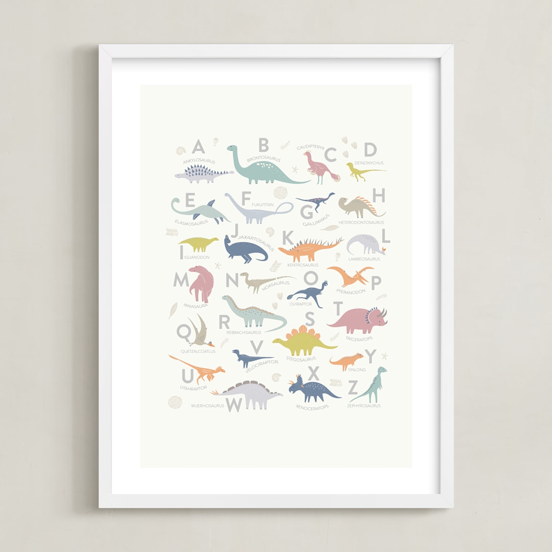 "Alphabet Dinos" - Art Print in white by Teju Reval - Framed