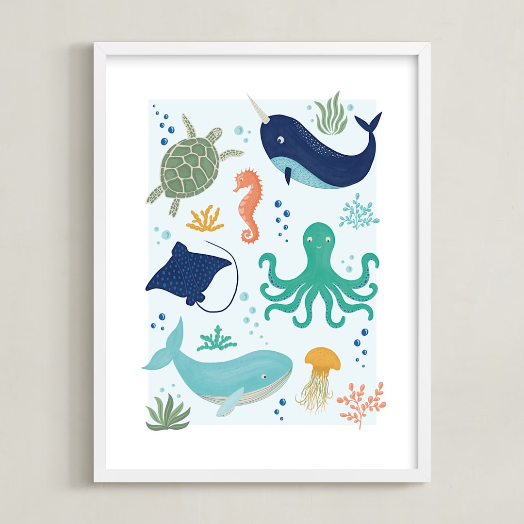 "Sea Friends" - Art Print in Sea Blue by Beth Schneider - Framed