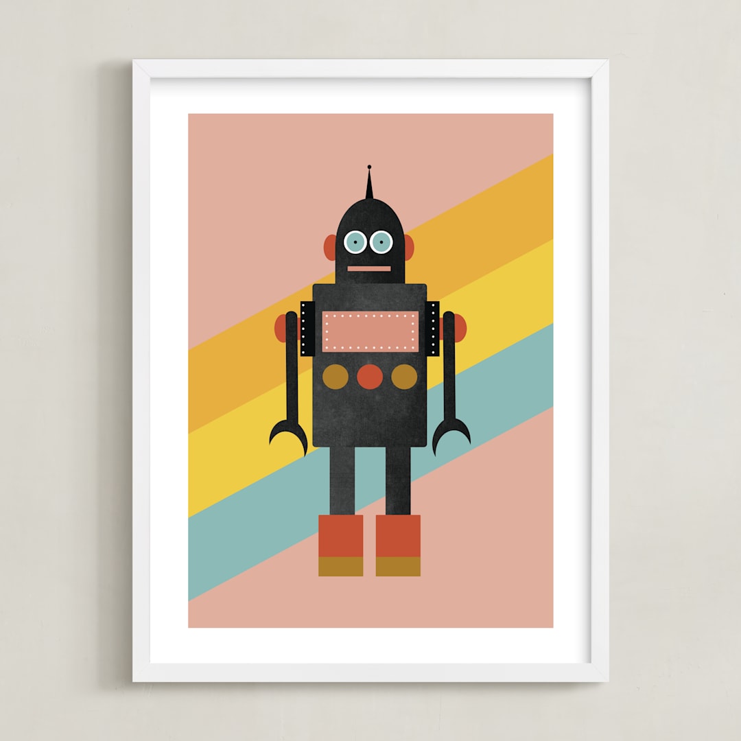 "Retro Robot" - Art Print in Bubblegum by Morgan Kendall - Framed