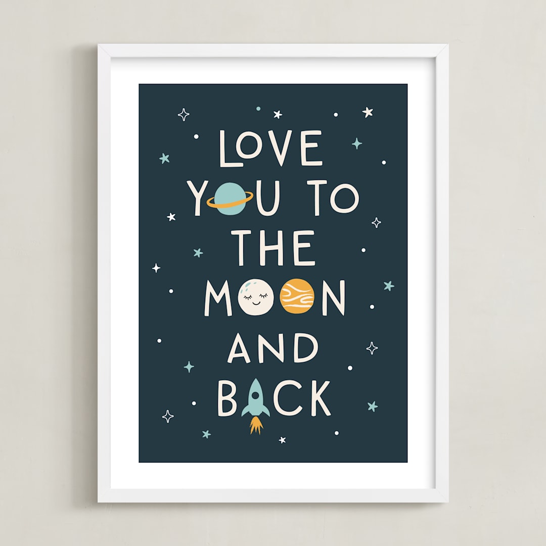 "Moon And Back" - Art Print in Midnight by Annie Holmquist - Framed