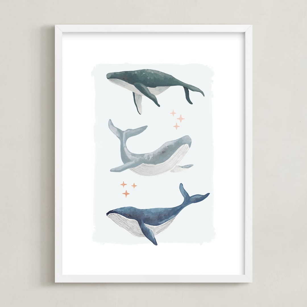 "Ocean Whales" - Art Print in Ocean Blue by Alice Nelen - Framed