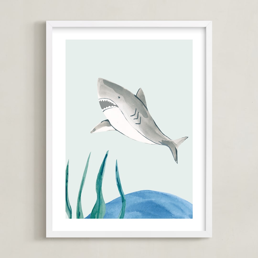"Ocean Friends II" - Art Print in Shark by Teju Reval - Framed