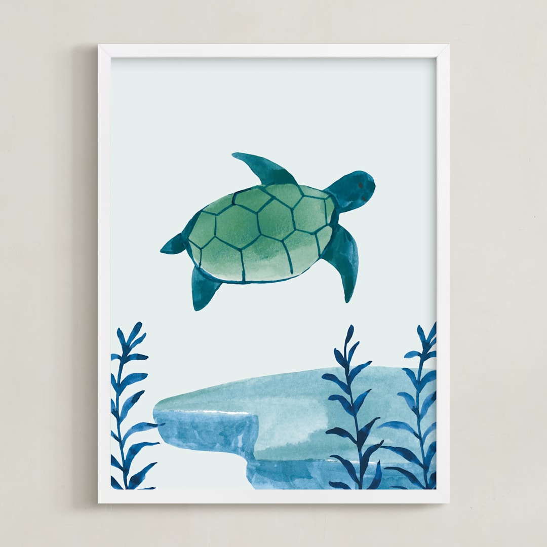 "Ocean Friends III" - Art Print in Turtle by Teju Reval - Framed