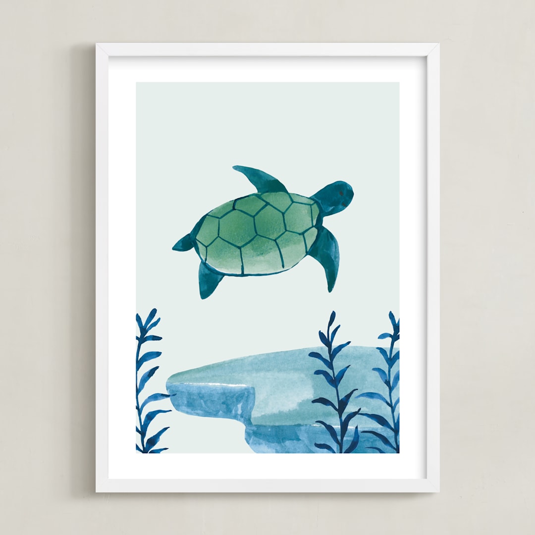 "Ocean Friends III" - Art Print in Turtle by Teju Reval - Framed