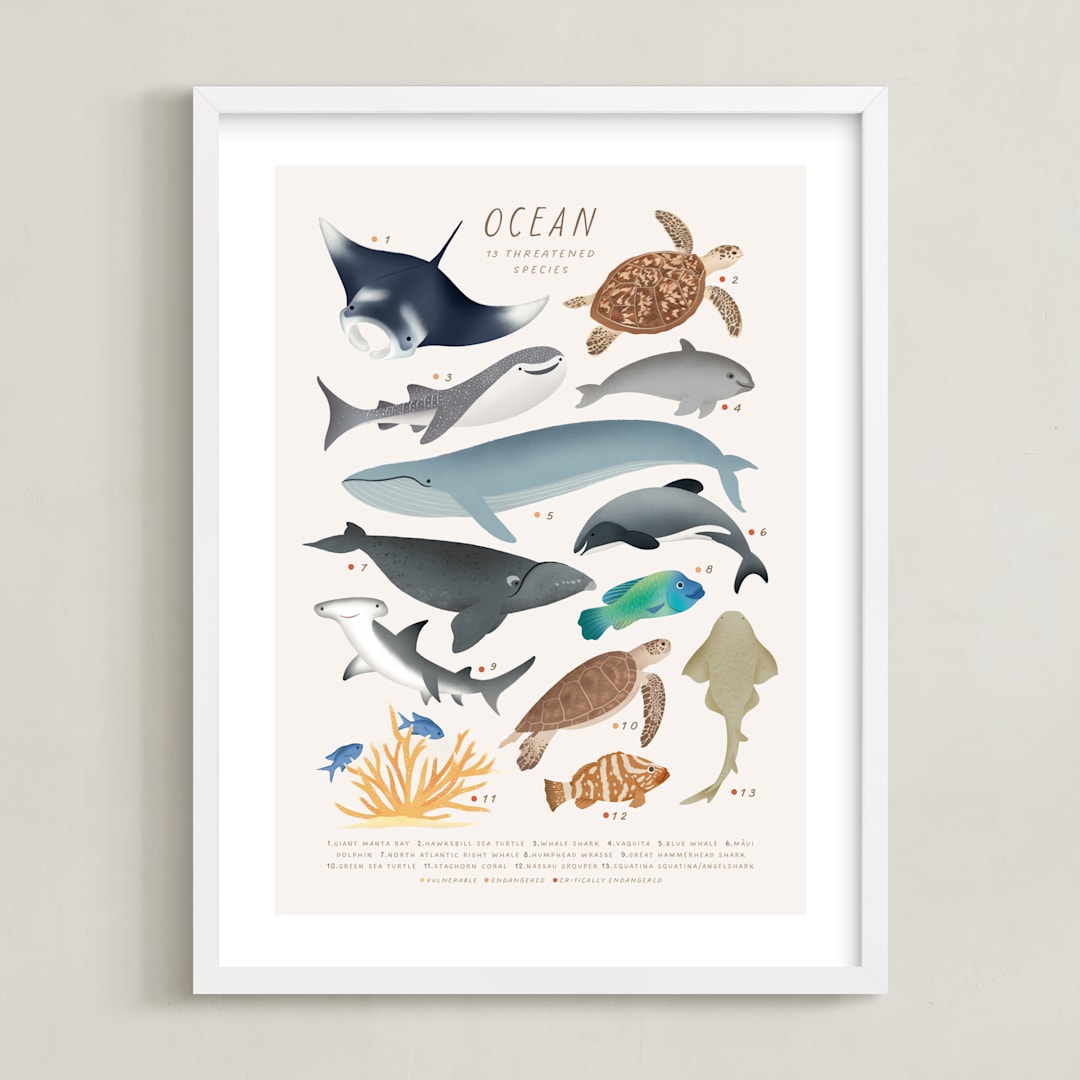 "Ocean animals endangered" - Art Print in Ivory by Sabrin Deirani - Framed