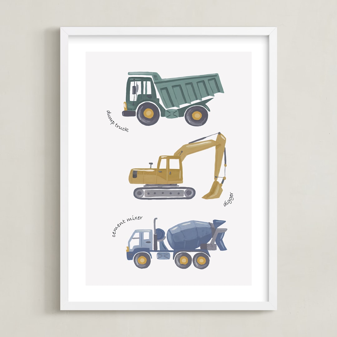 "Tons of Trucks" - Art Print in Sage Green by Alice Nelen - Framed