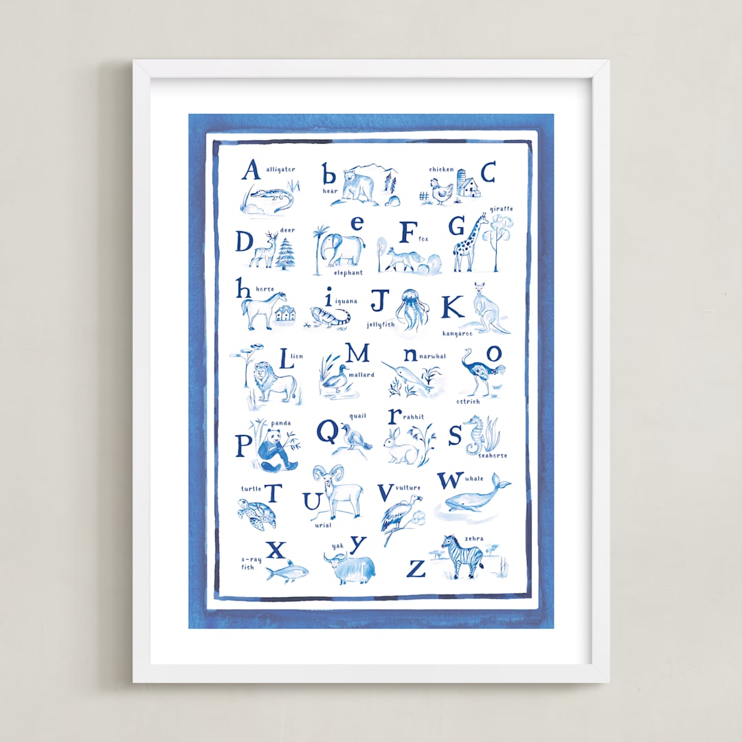 "Animal Alphabet Toile" - Art Print in Ocean Blue by Teju Reval - Framed