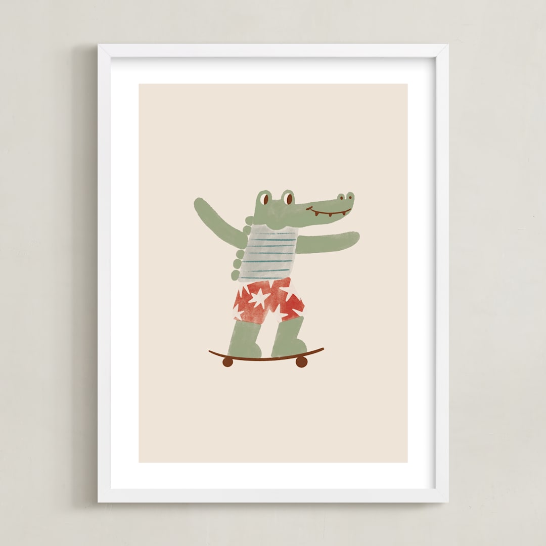 "Skater Croc" - Art Print in Beige by Zove Ahhh - Framed