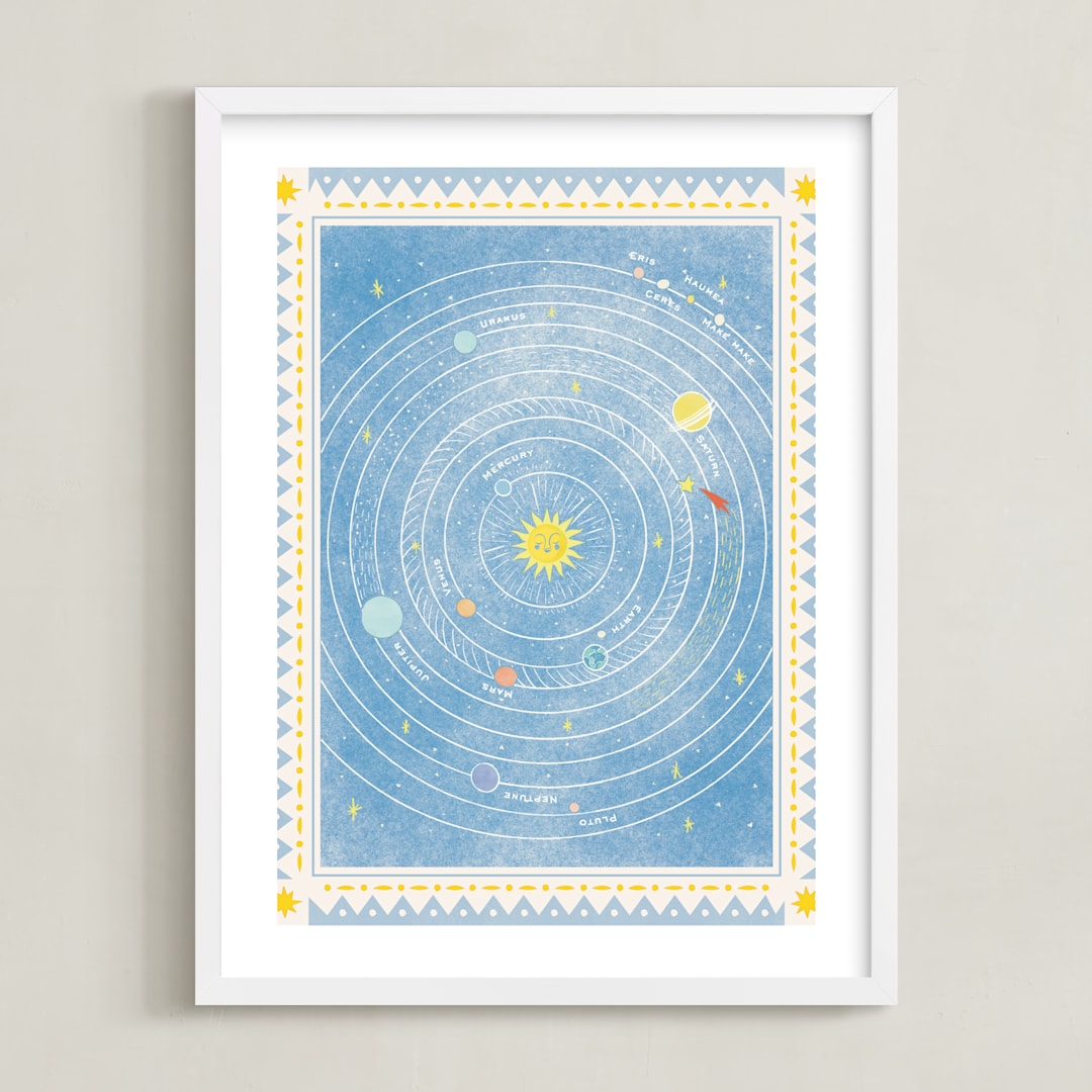 "Vintage Solar Journey" - Art Print in Blue by Sabrin Deirani - Framed