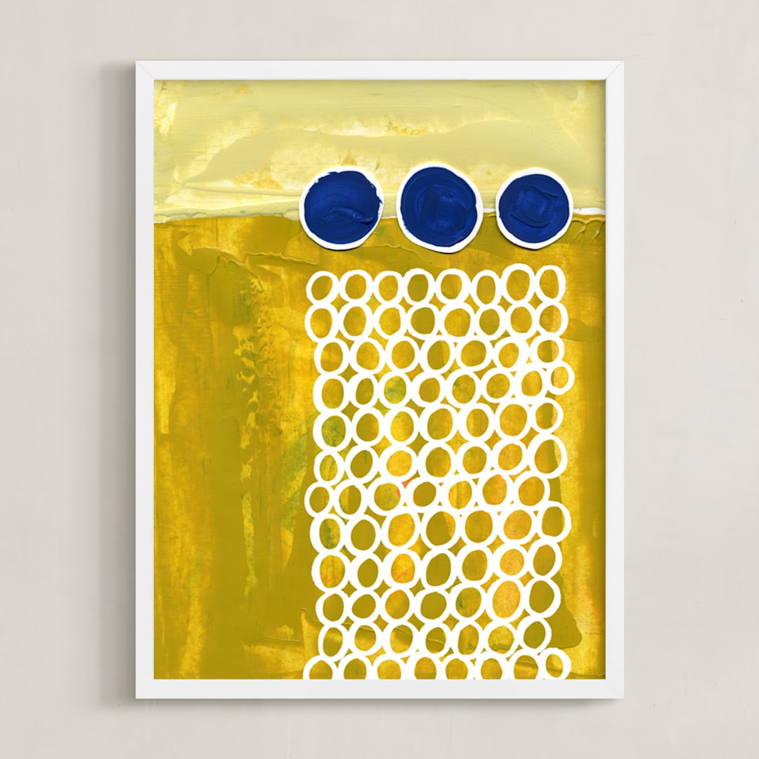 "Three Blue Dots" - Art Print in Mustard & Blue by Loren Willis - Framed