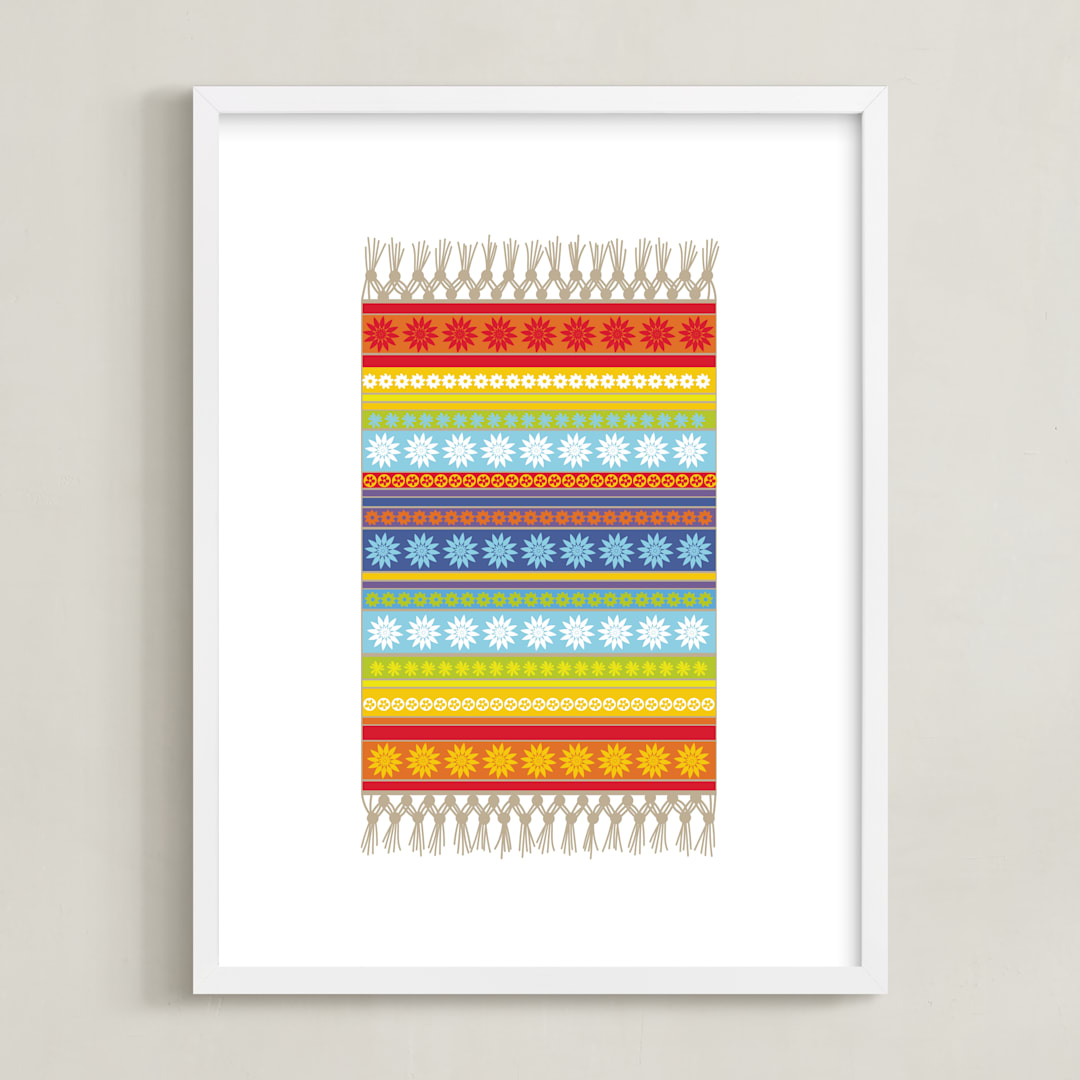 "Boho Floral Rug" - Art Print in Cherry Red by Jan Shepherd - Framed