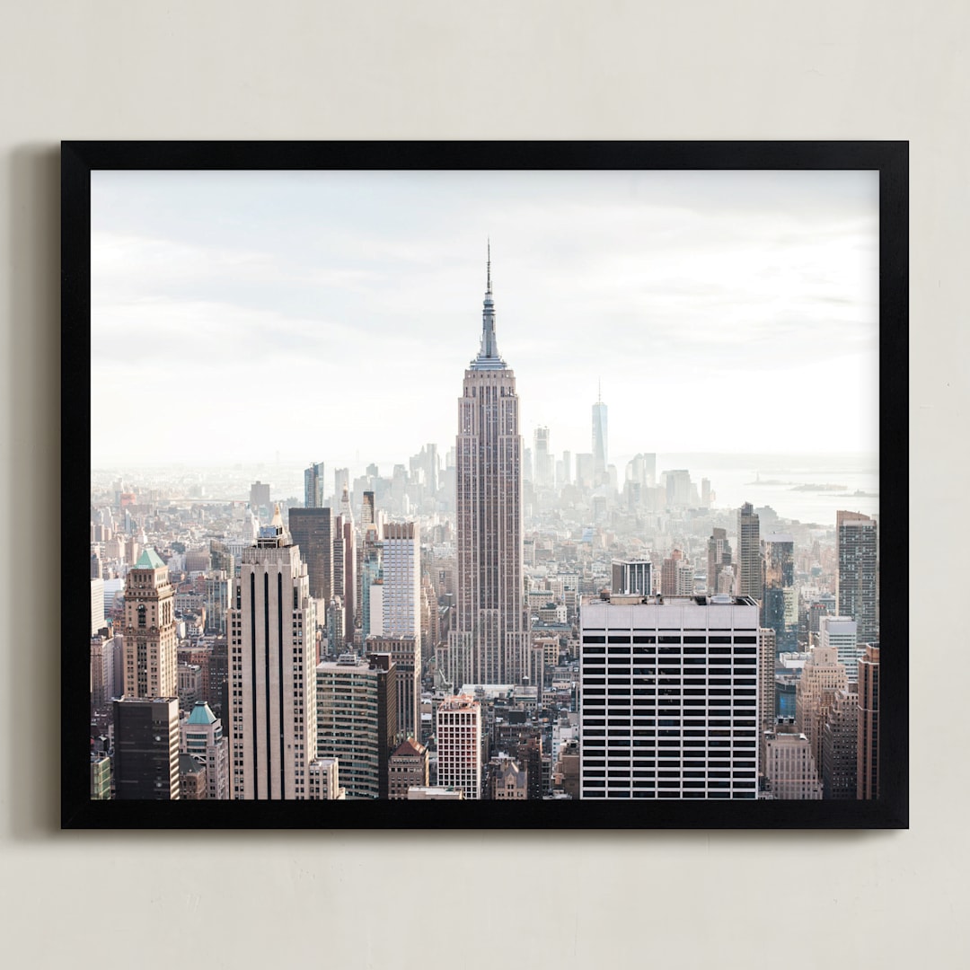 "But First, NYC" - Art Print in pastel blue and brown by Natalie Uprichard - Framed