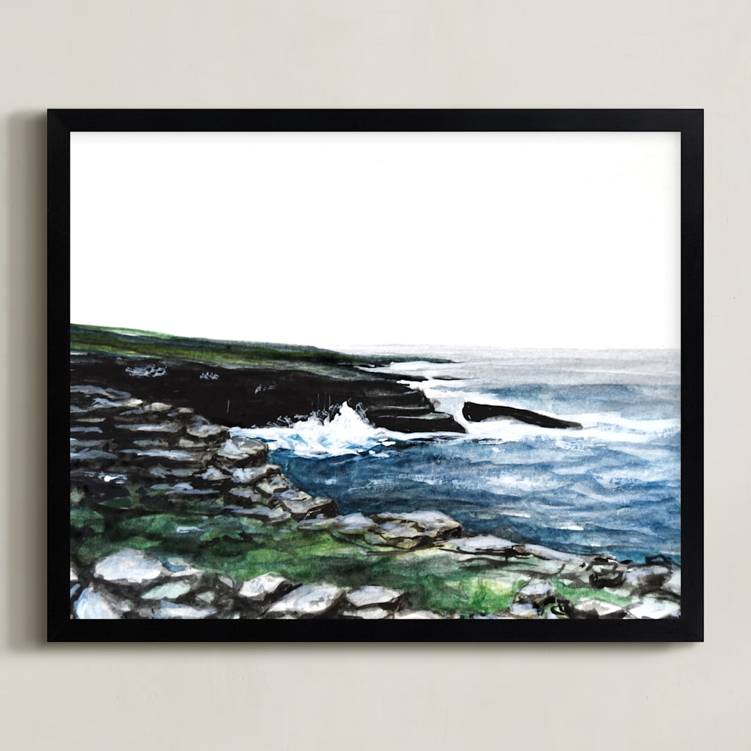"Rocky Sea Cliffs" - Art Print in Sea Mist Blue by Emma Ballou - Framed