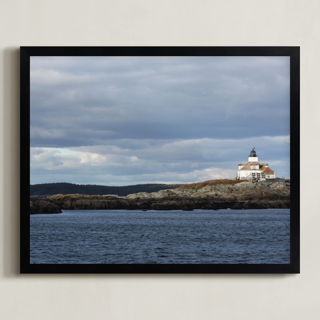 "Maine Lighthouse" - Art Print in Ocean Blue by Gray Star Design - Framed