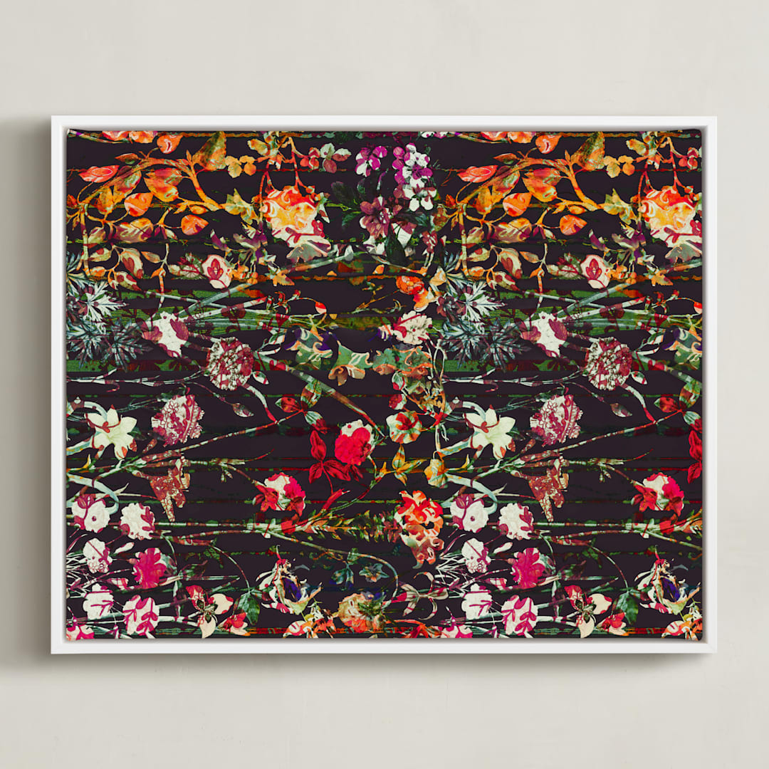 "Painted midnight garden" - Art Print in Crimson by Teo - Framed Canvas