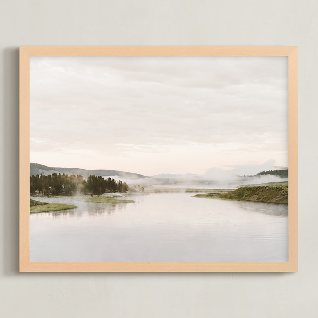 "Misty lake" - Art Print in autumn green by Kamala Nahas - Framed