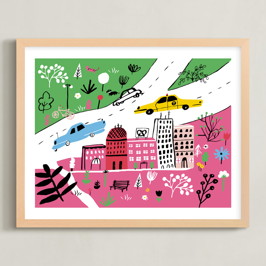 "City State of Mind" - Art Print in Flamingo Pink by Jordan Sondler - Framed
