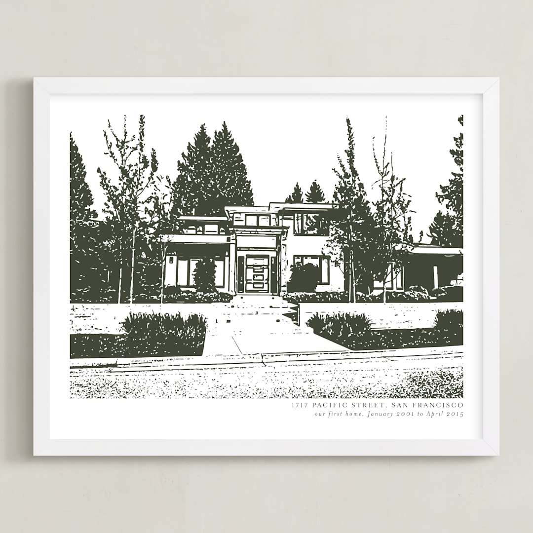 "Custom House Portrait with Text" - Custom Print in Olive Shadow by Minted - Framed