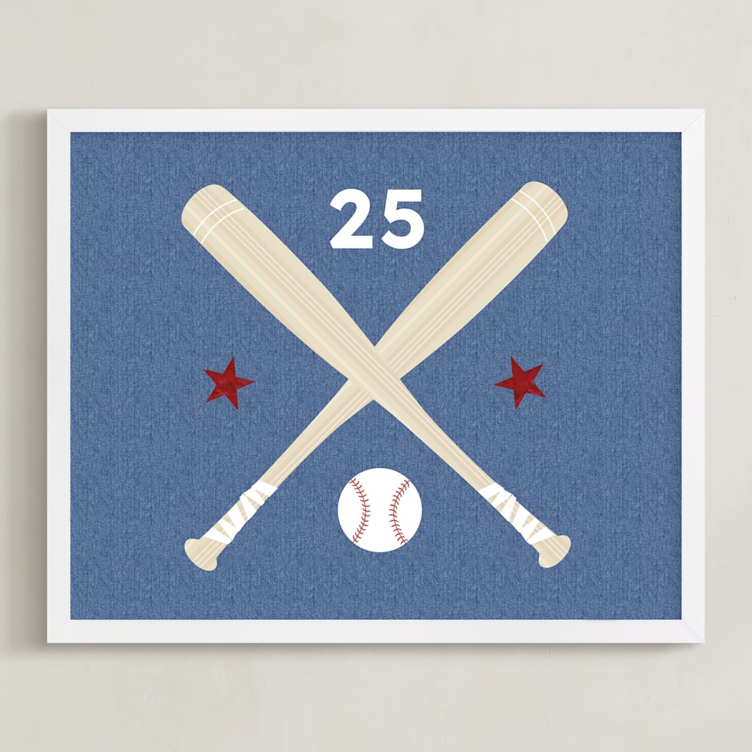 "Little Slugger Series 3" - Personalized Art Print in Denim by Pinky Diamond Studio - Framed
