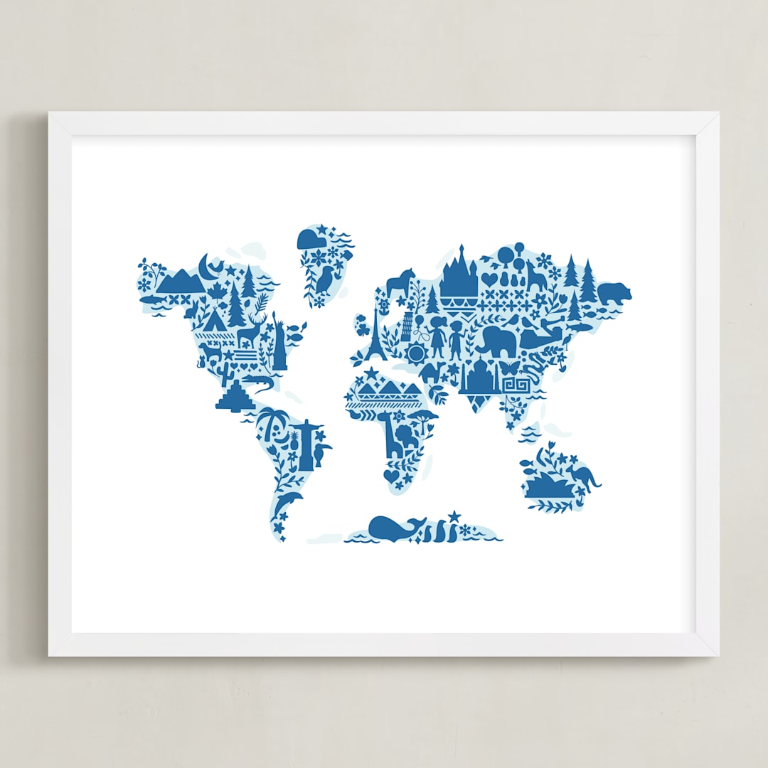 "Little Big World Map" - Art Print in Bluebell by Jessie Steury - Framed
