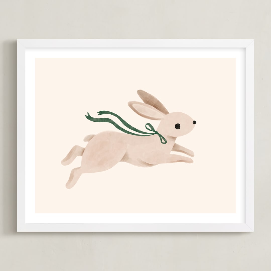 "Rabbit With Bow" - Art Print in Hunter Green by Vivian Yiwing - Framed