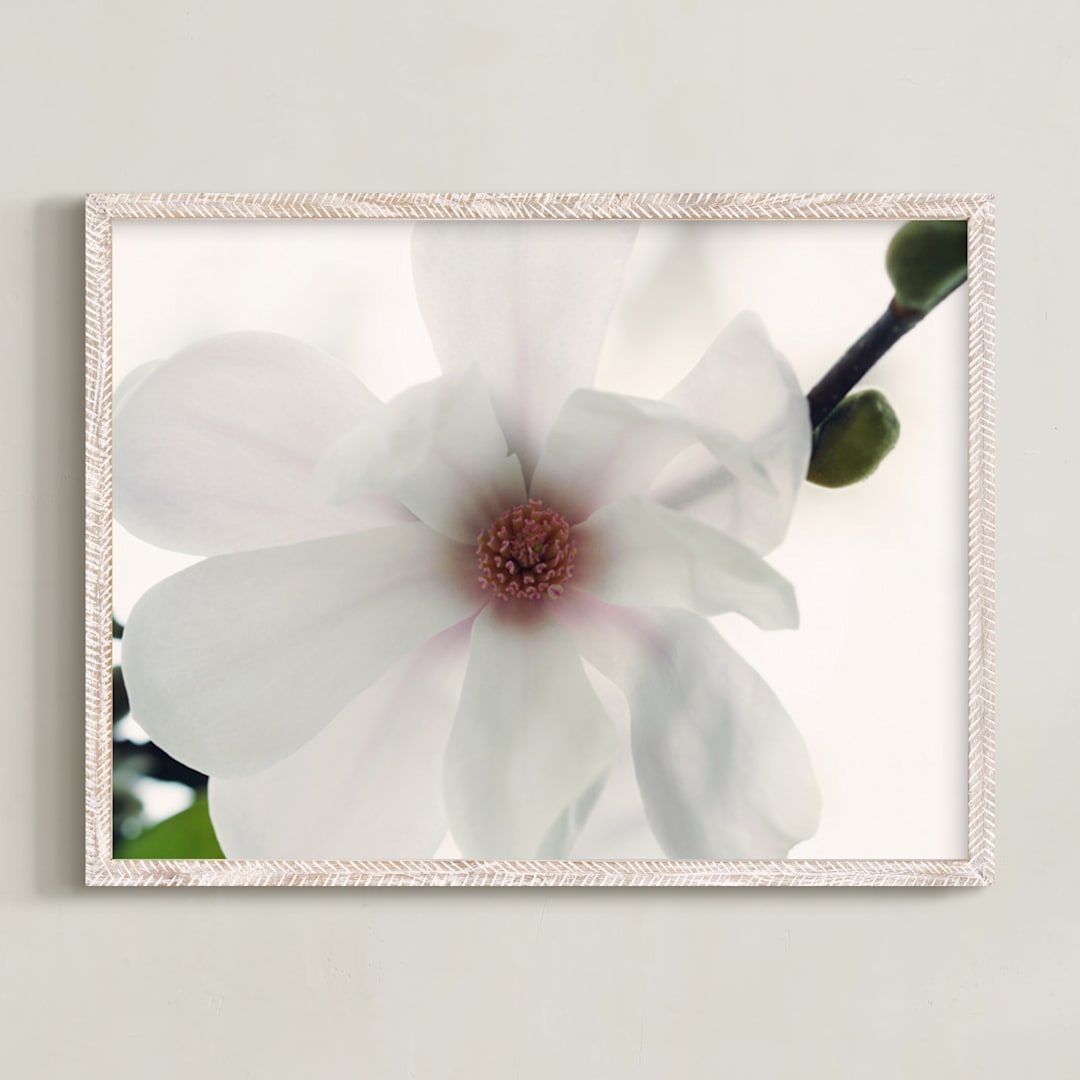 "Winter Bloom" - Art Print in snow blossom white by Margaret Edith - Framed