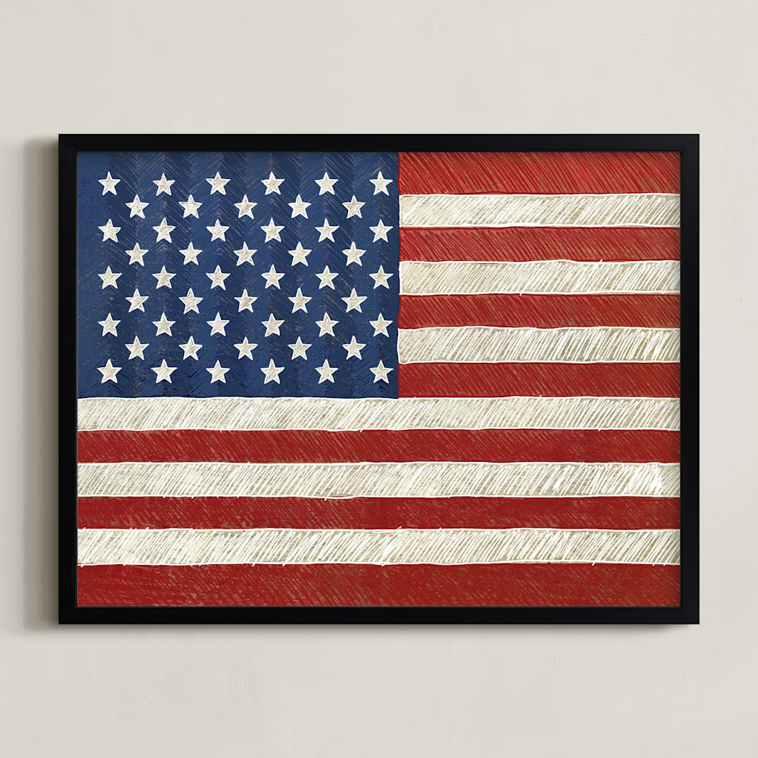 "Rustic American Flag" - Art Print in Navy Blue by Amy Marsh - Framed