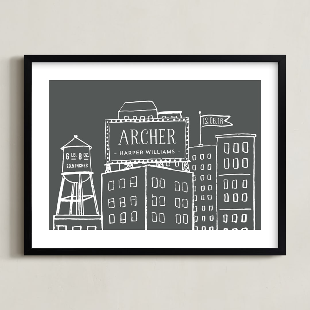 "Cityscape Stats" - Personalized Art Print in Chalkboard Grey by Tanya Lee of Frooted Design - Framed