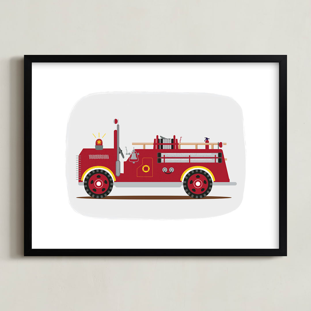 "Red Fire Truck #2" - Art Print in Vintage Engine red by Rebecca Marchese - Framed