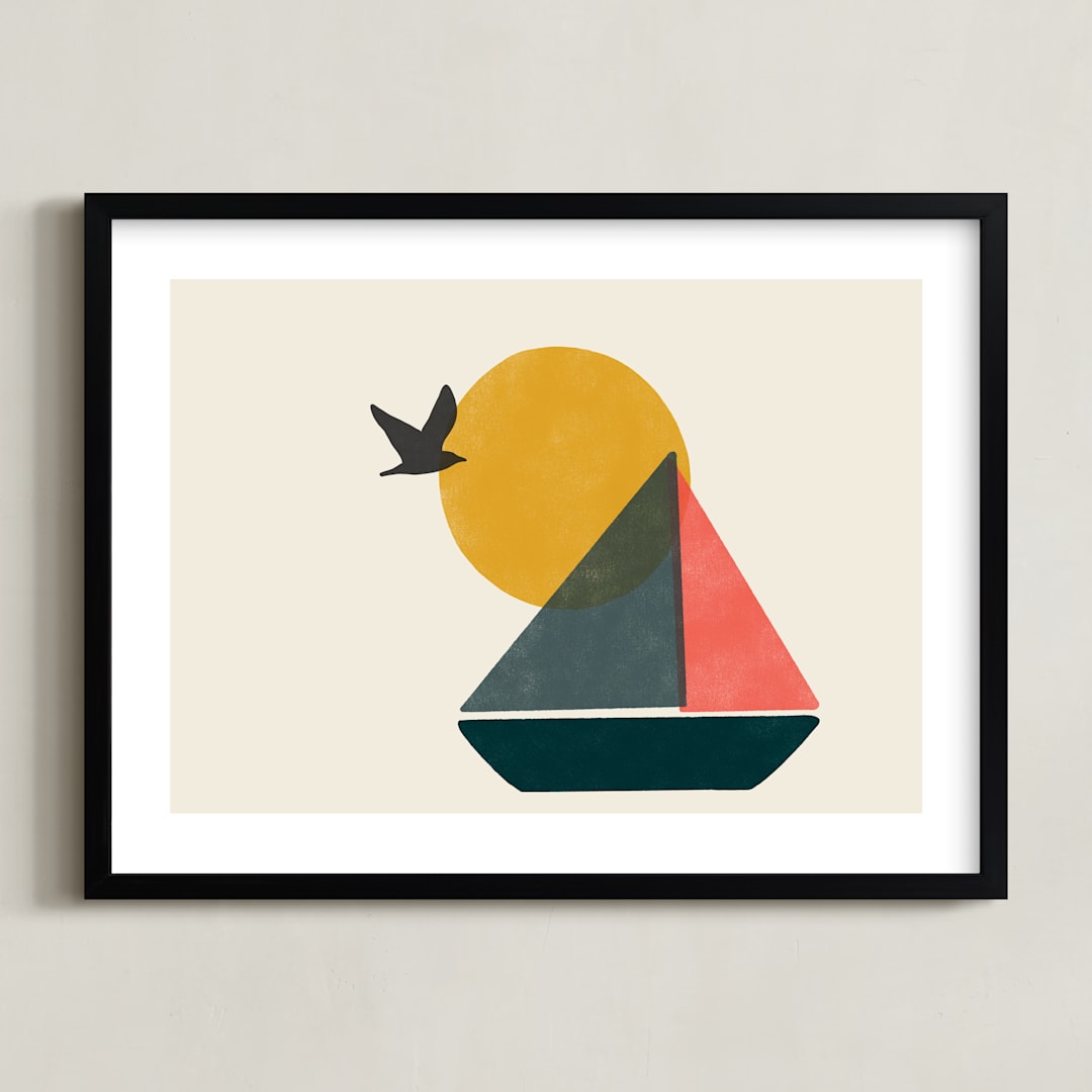 "Graphic Sailboat" - Art Print in Sea Blue by Daily Design Co - Framed