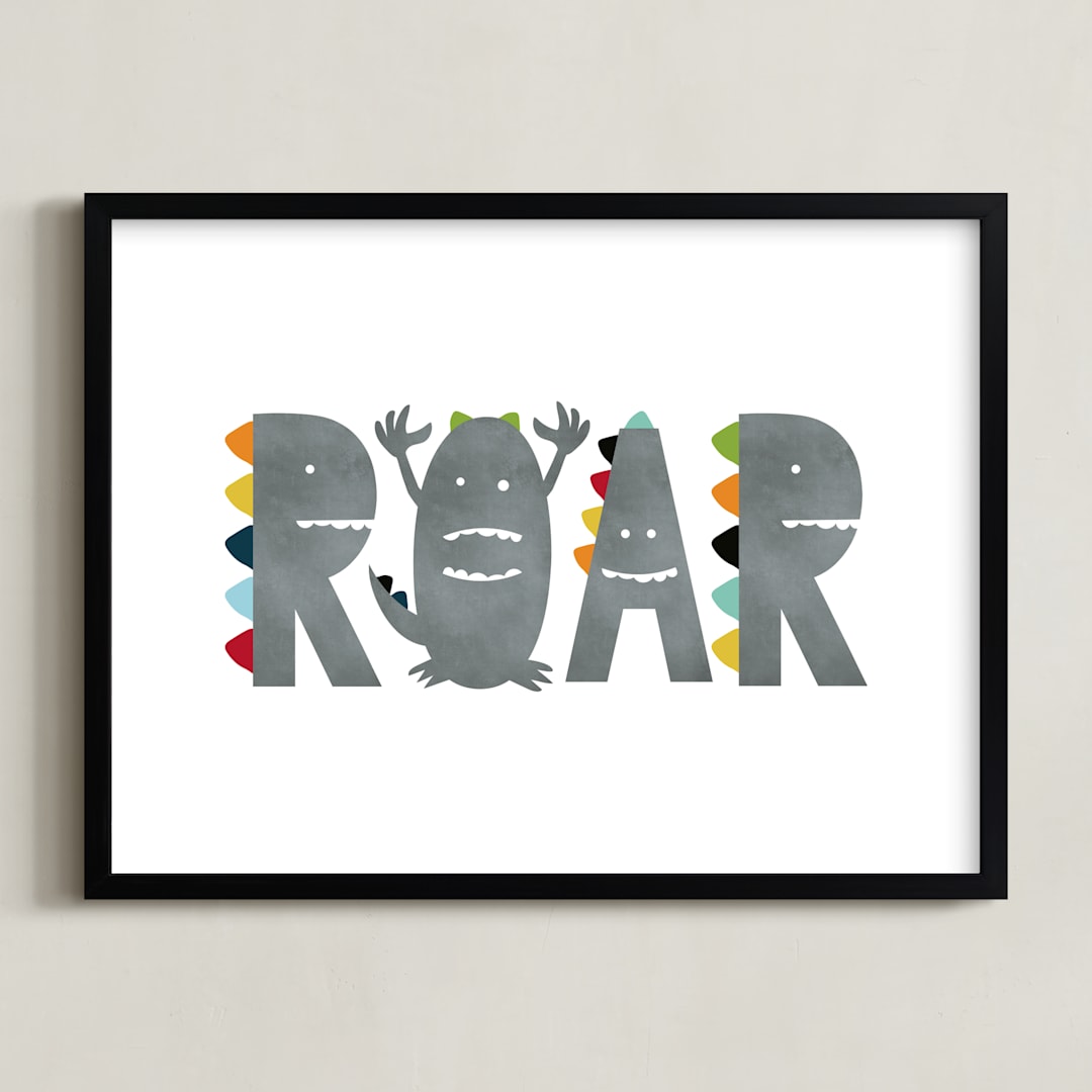 "Dino Roar" - Art Print in Shadow by Heather Schertzer - Framed