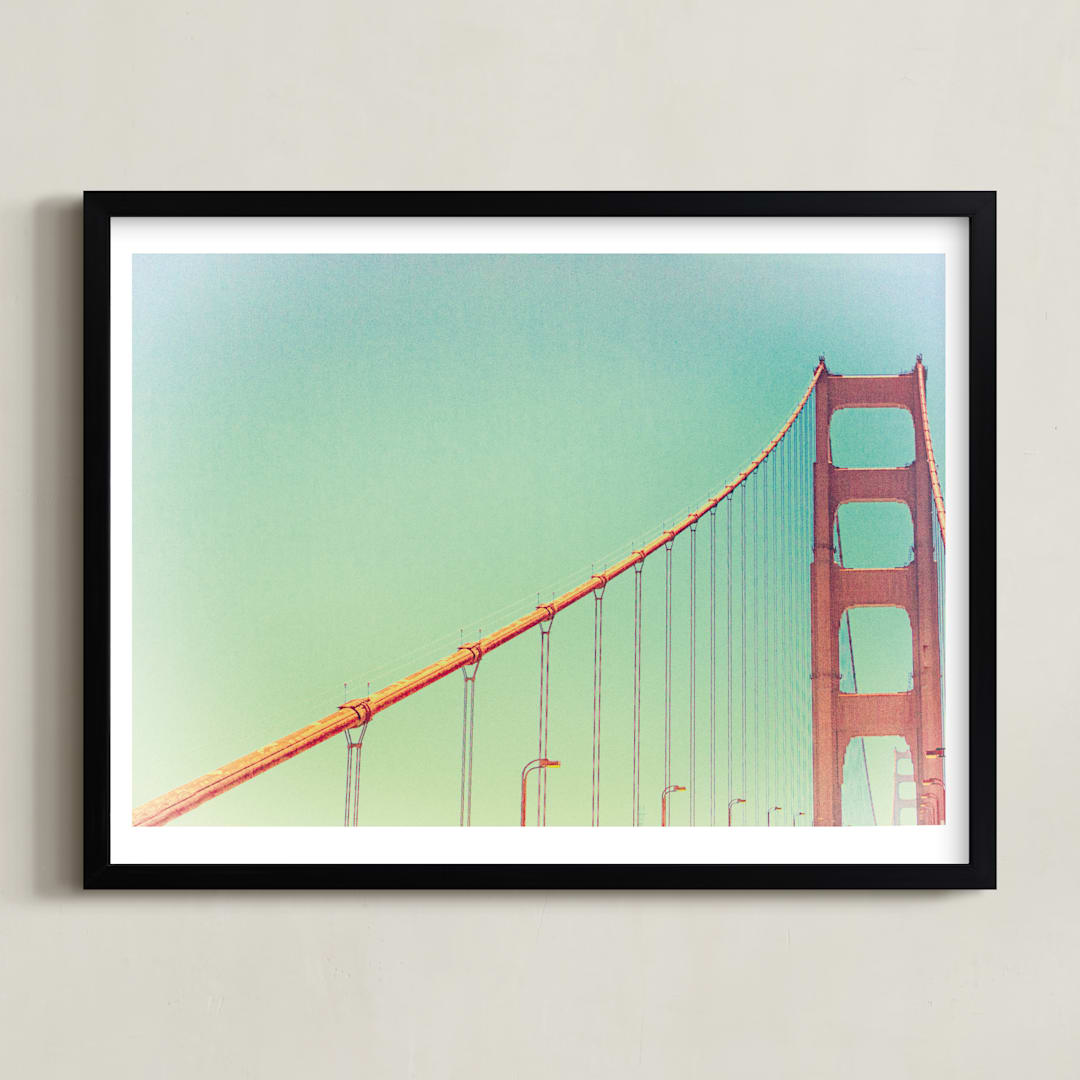 "Soft Golden Gate" - Art Print in Pale Blue by Mary Ann Glynn-Tusa - Framed