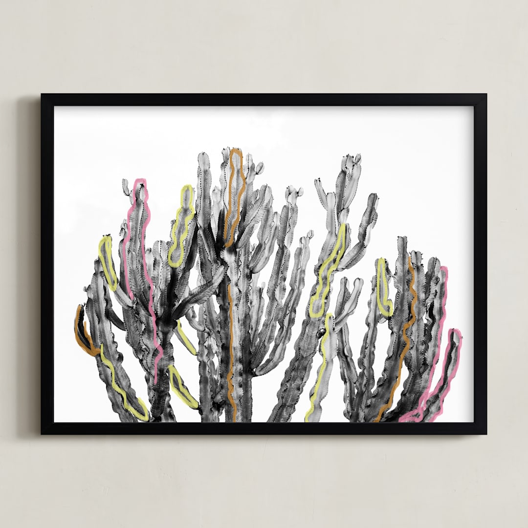 "Colorful Lines Cactus " - Art Print in Black and White by Katie Doherty - Framed