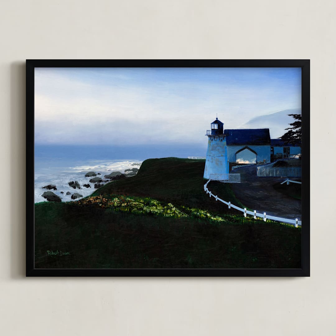 "The Light at Point Montara" - Art Print in Morning Blue by Robert Deem - Framed
