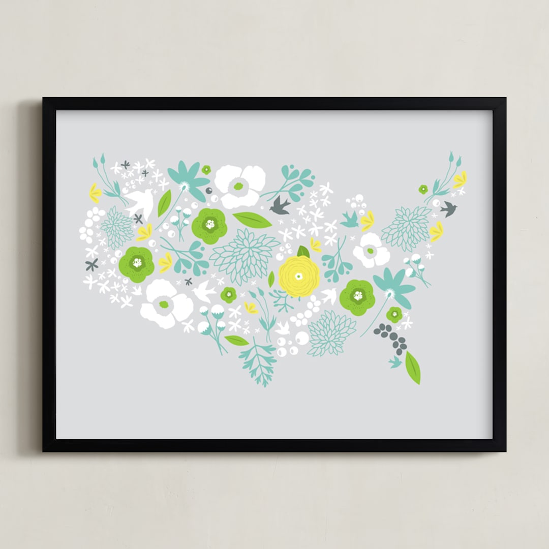 "United Florals" - Art Print in Aqua by Bethany Anderson - Framed
