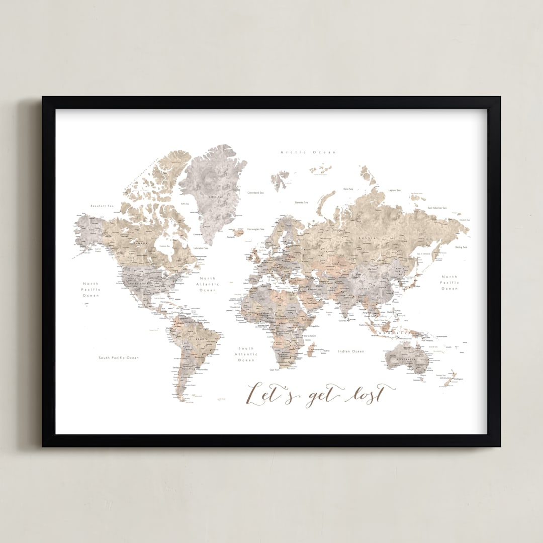 "Let's get lost watercolor world map" - Art Print in Taupe and grey by Rosana Laiz Blursbyai - Framed