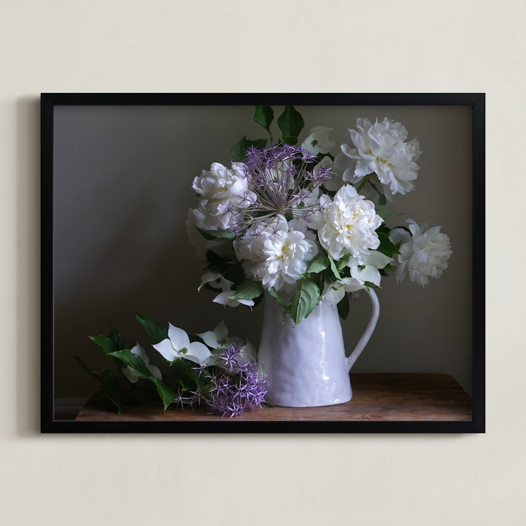 "Still life with white peonies" - Art Print in green and white by Elizabeth Pyle - Framed