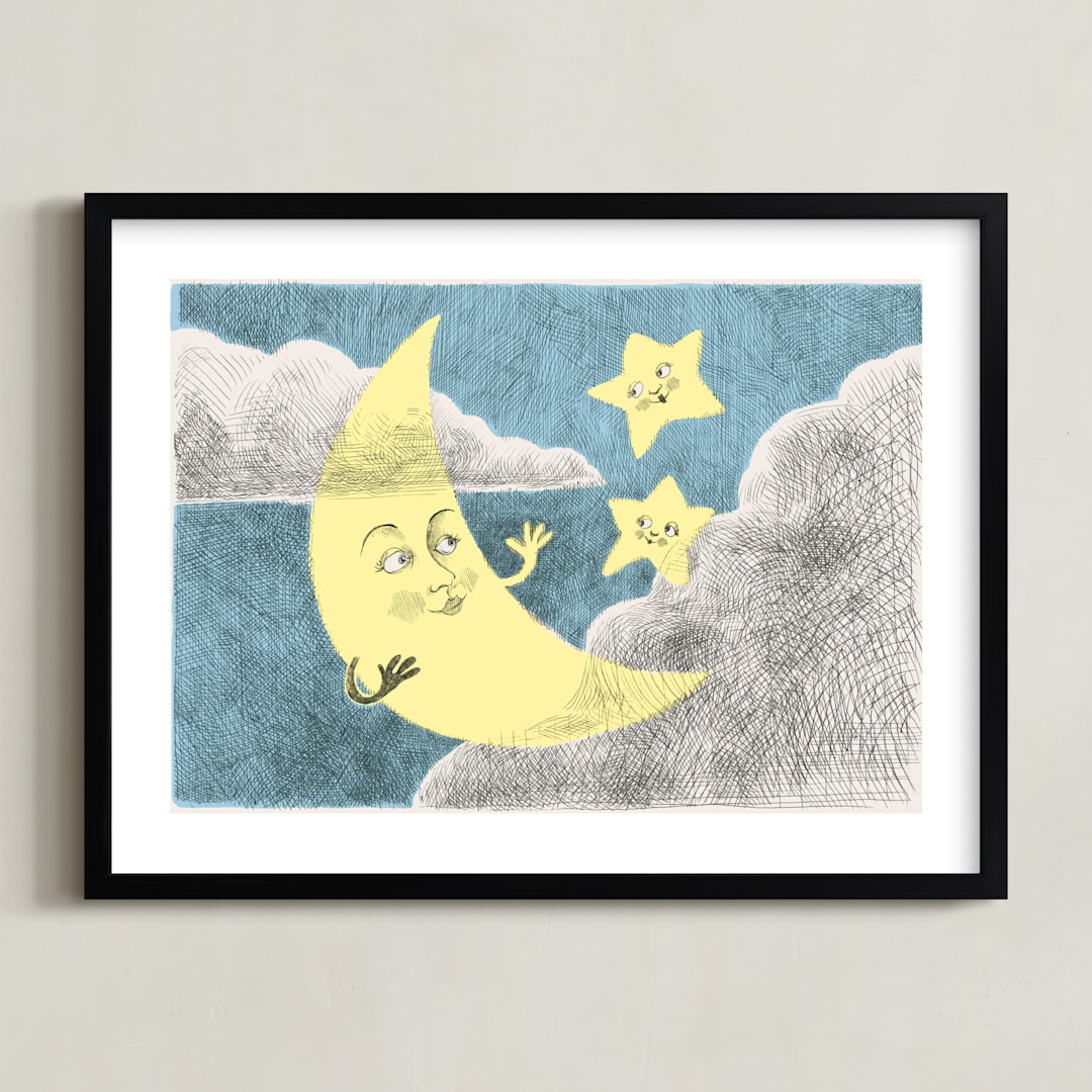 "Claire de Lune" - Art Print in Night Blue by Catilustre - Framed