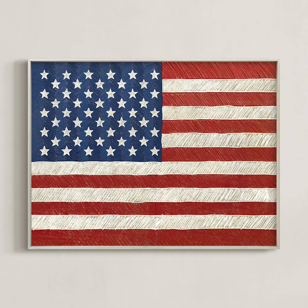 "Rustic American Flag" - Art Print in Navy Blue by Amy Marsh - Framed