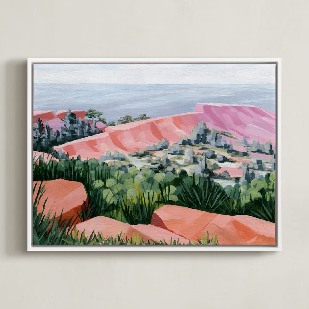 "Coastal Cliffs" - Art Print in Coral by Paper Sun Studio - Framed Canvas
