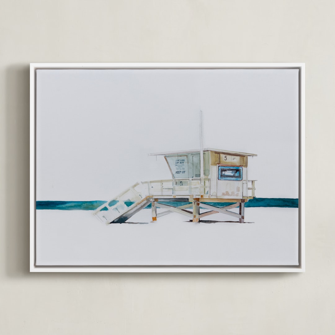 "Hermosa Beach Lifeguard Tower" - Art Print in Beige by Viktoria Eperjesi - Framed Canvas