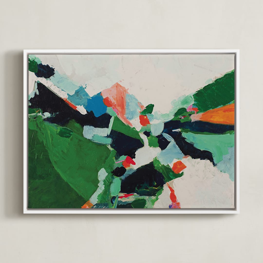 "Colorful Abstract Landscape" - Art Print in bright emerald green by Caryn Owen - Framed Canvas